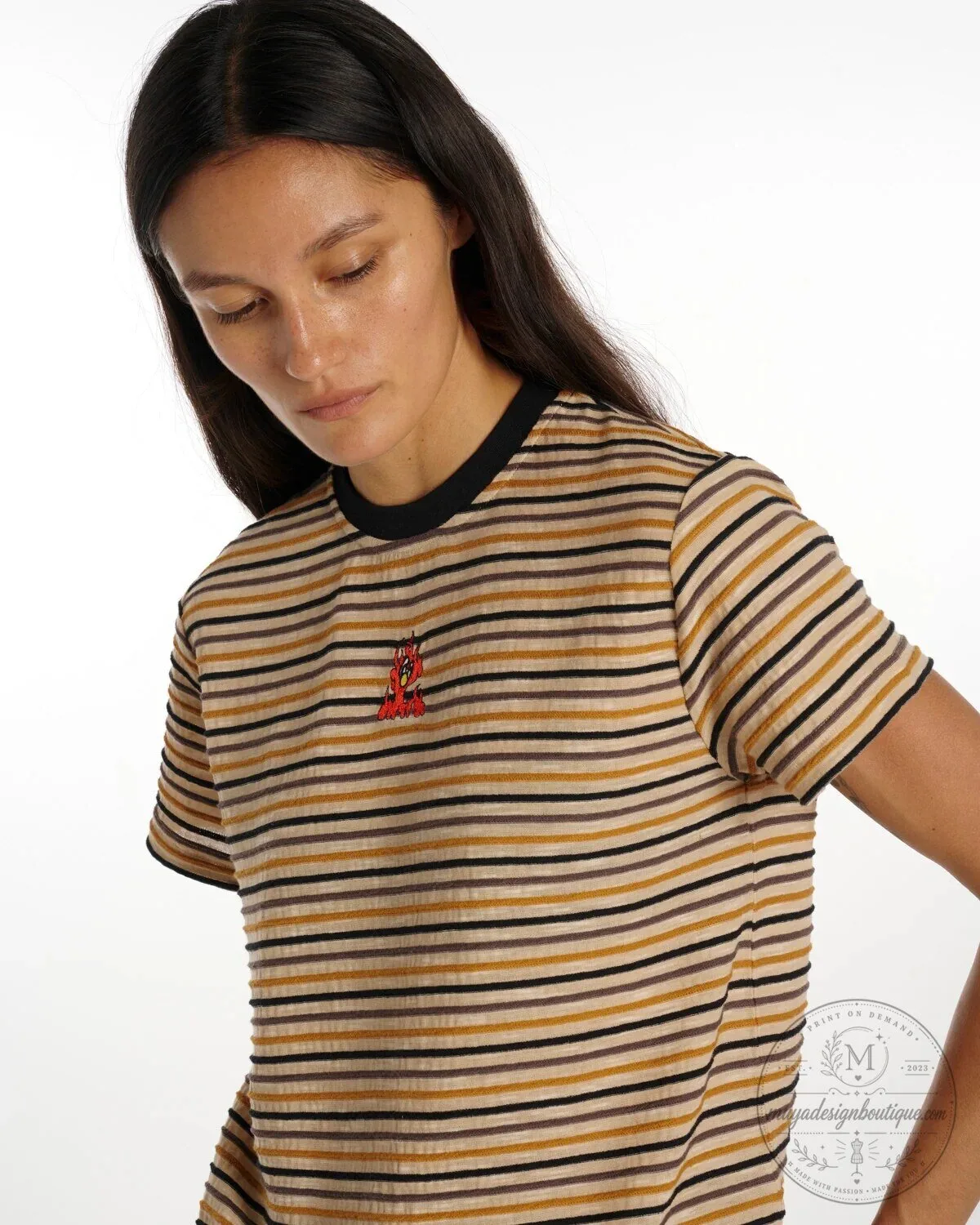 Flame Baby Devil Striped Short Sleeve T-Shirt for Women 11 Flame Baby Devil Striped Short Sleeve T-Shirt for Women