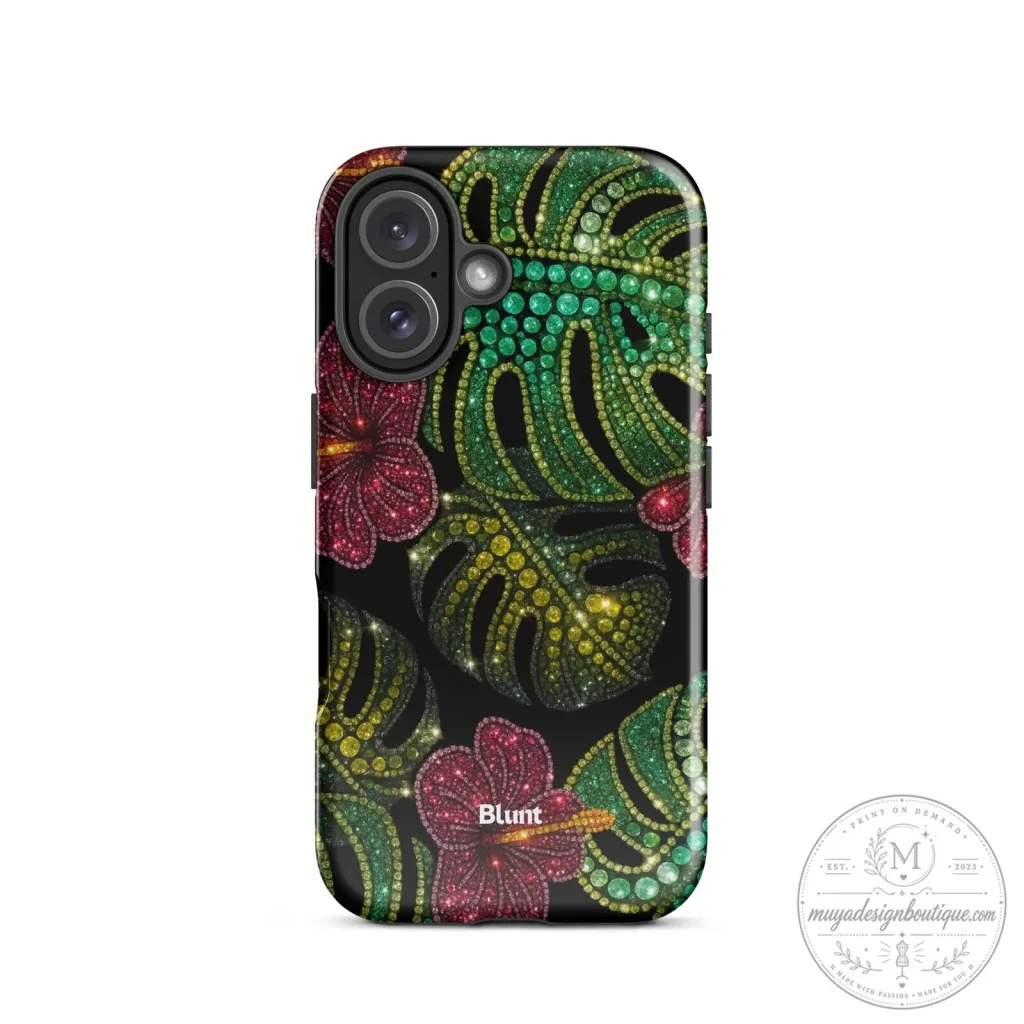 Tropical Hibiscus Flower and Monstera Leaf Glitter Pattern iPhone Case Tropical Hibiscus Flower and Monstera Leaf Glitter Pattern iPhone Case