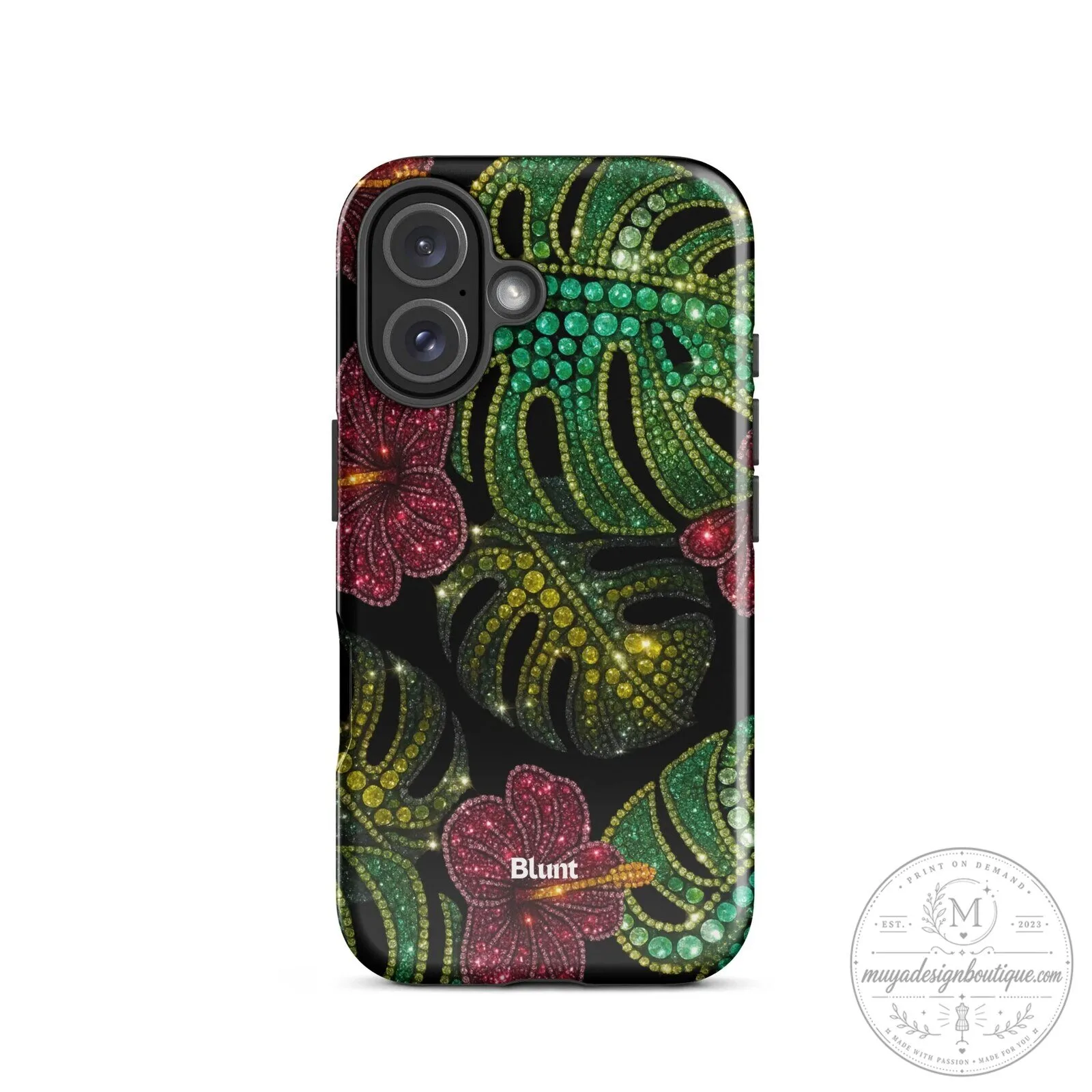 Tropical Hibiscus Flower and Monstera Leaf Glitter Pattern iPhone Case